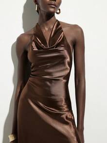 Aveloria Modichic Asymmetric Hem Satin Draped Neck Waist Cinched Women's Dress, Suitable For Parties, Birthdays, Galas, Dates, Casual Outings, And Important Occasions - Coffee Brown - View 4