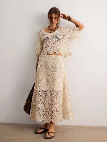 Freevana Bohemian Vintage Crochet Knit Set, Cream White Mid-Sleeve Top + Long Skirt, Hollow Design Spring/Summer 2 Pieces Outfit For Women