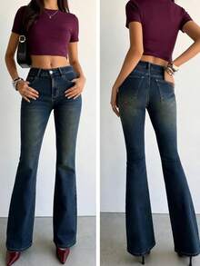 Aloruh Celana Jeans Kasual Musim Panas Wanita dengan Saku Miring, Musim Panas, Musim Semi, Liburan, Celana Jeans Flare Bbl Wanita, Celana Jeans Pinggang Rendah, Celana Jeans Flare Y2k - Biru - View 10
