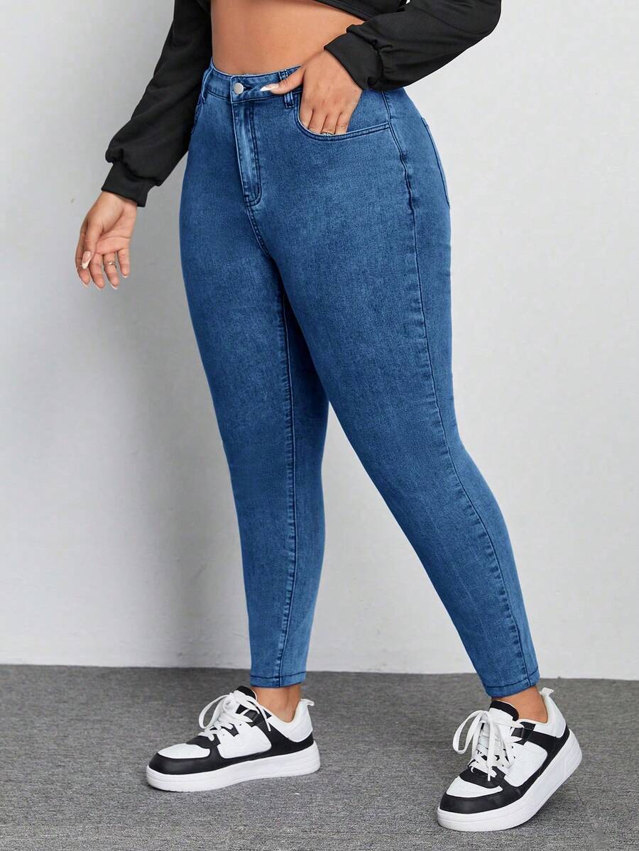 SHEIN ICON Plus Size Women Pockets Button Casual Versatile Daily Wear Denim Jeans Brown Spring - Medium Wash - View 1