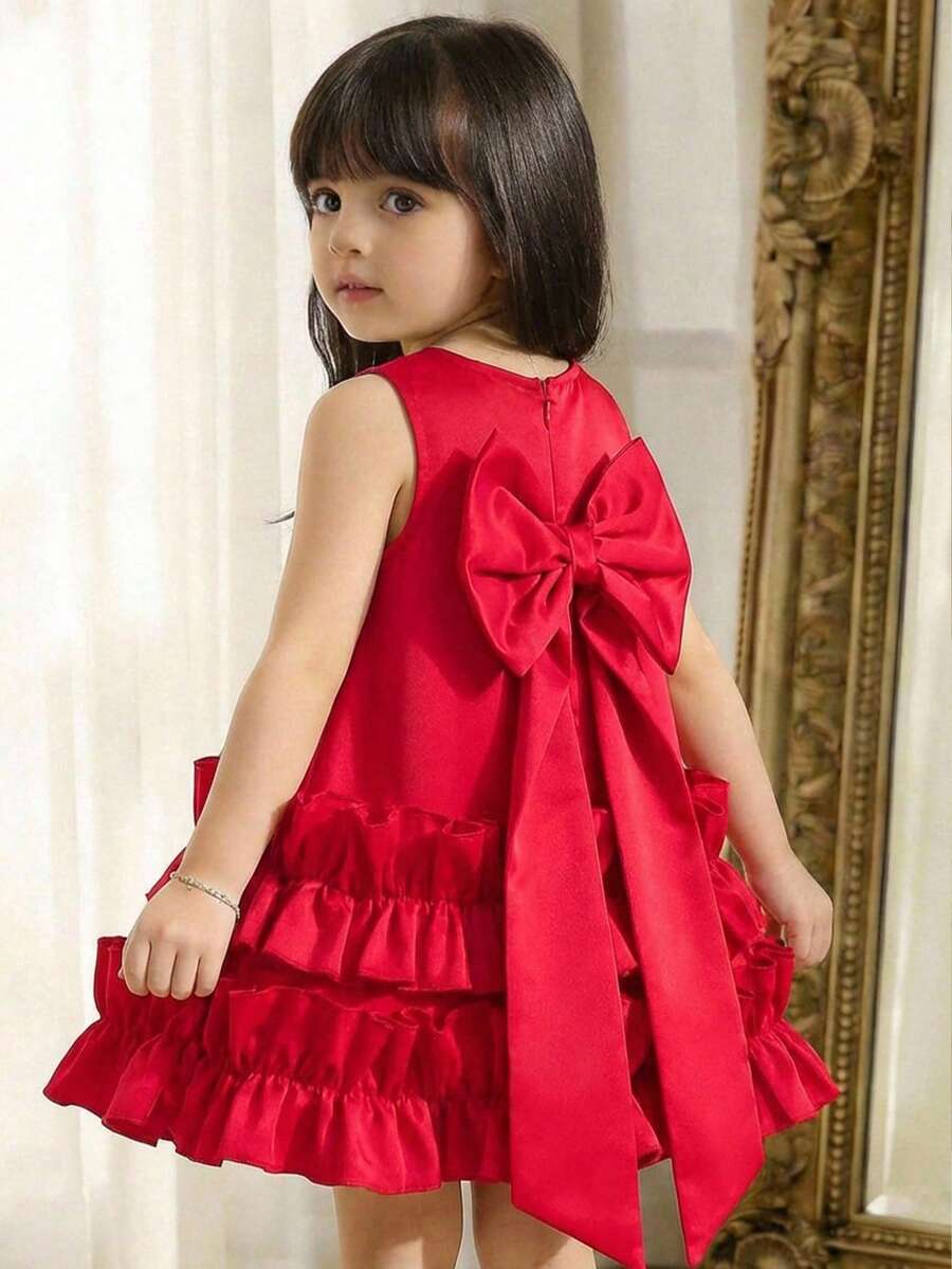 SHEIN Elegante e carino vestito da principessa con fiocco rosso per bambine - Rosso - Visualizzare 1