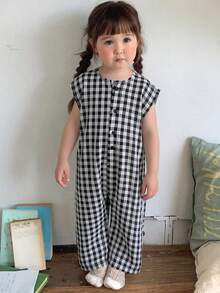 DAZY Baby Girls' Plaid Linen Sleeveless Jumpsuit, Korean Style Loose Jumpsuit - Black and White - View 3