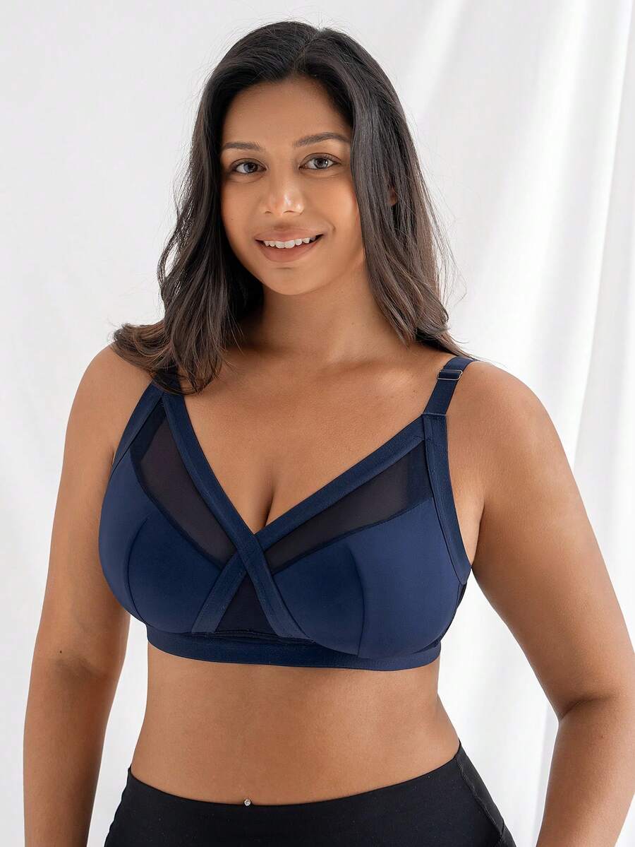 DesireSculpt Sujetador cómodo de talla grande para mujer con parches de malla de unicolor - Azul - Ver 1