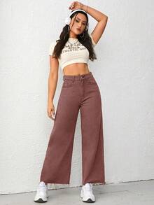 SHEIN Unity 女士口袋纽扣毛边休闲百搭日常阔腿牛仔裤 - 酒紅色 - 查看 6