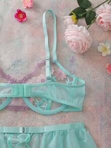 女士清新薄荷绿田园浪漫刺绣文胸套装，含钢圈聚拢文胸、丁字裤和吊袜带，三件套 - 綠色 - 查看 4