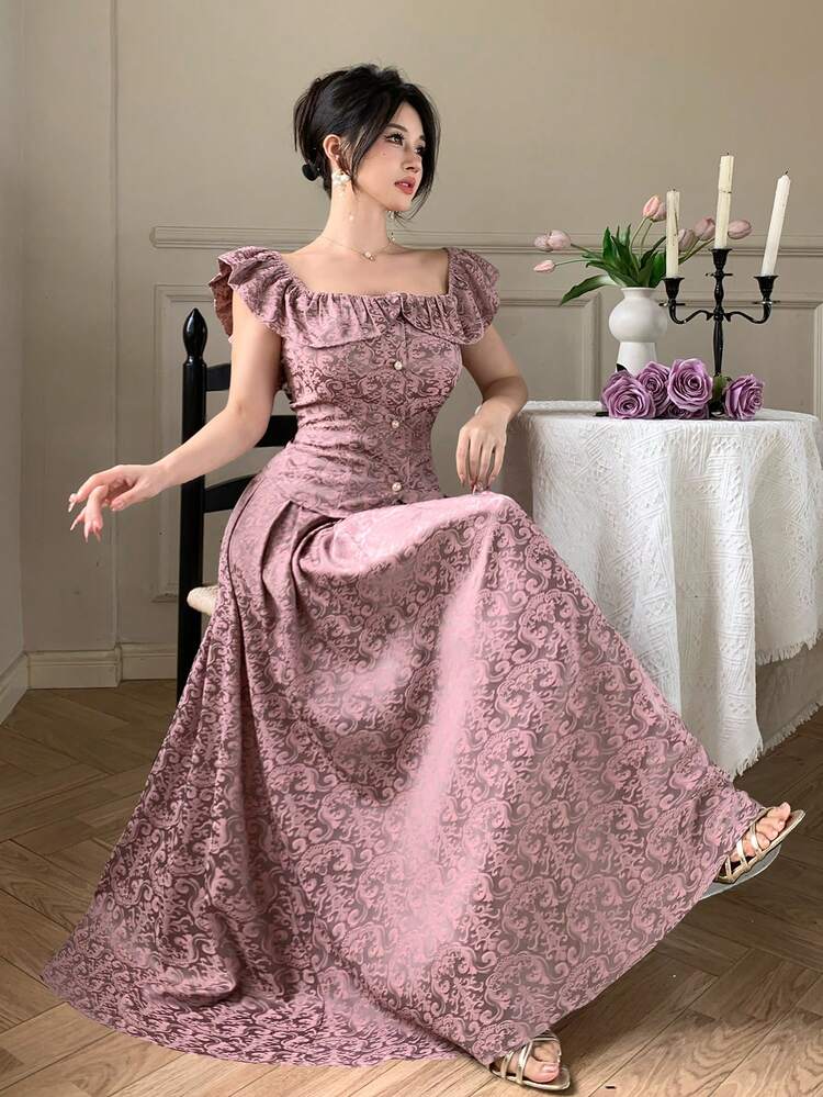 Women's Elegant Floral Off-Shoulder Ruffle Blouse And A-Line Skirt 2-Piece Set, Summer