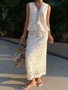 DAZY Women's Vacation Tassel Front Tie Hollow Out Camisole And Skirt 2 Pieces Set - Beige - View 1