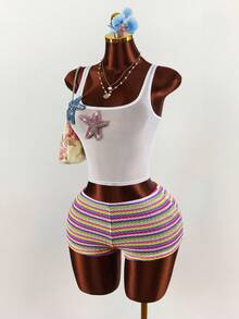 Amplova Beach Vacation Outfit - 3D Star Decor Mesh Tank Top & Colorful Striped Shorts Set For Women Two Piece Spring Set Festival Two Piece Outfit Summer 2 Piece Set Beach 2 Piece Set - Multicolor - View 3