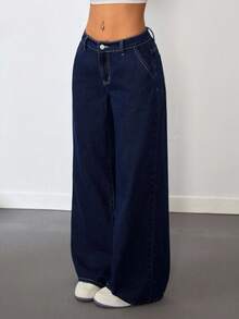 Jeans anchos de cintura baja de ajuste holgado, cómodos y lavados de un solo color, estilo casual Y2K para adolescentes, color azul oscuro, para otoño/invierno, uso diario, streetwear, Halloween, Navidad, jeans de invierno, jeans para adolescentes, pantalones de pierna ancha - Azul lavado oscuro - Ver 3