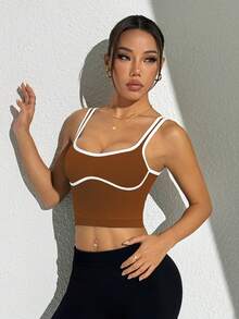 Slayform Áo tank top thể thao dáng ngắn ôm sát với viền tương phản - Màu nâu Sô-cô-la - Xem 7