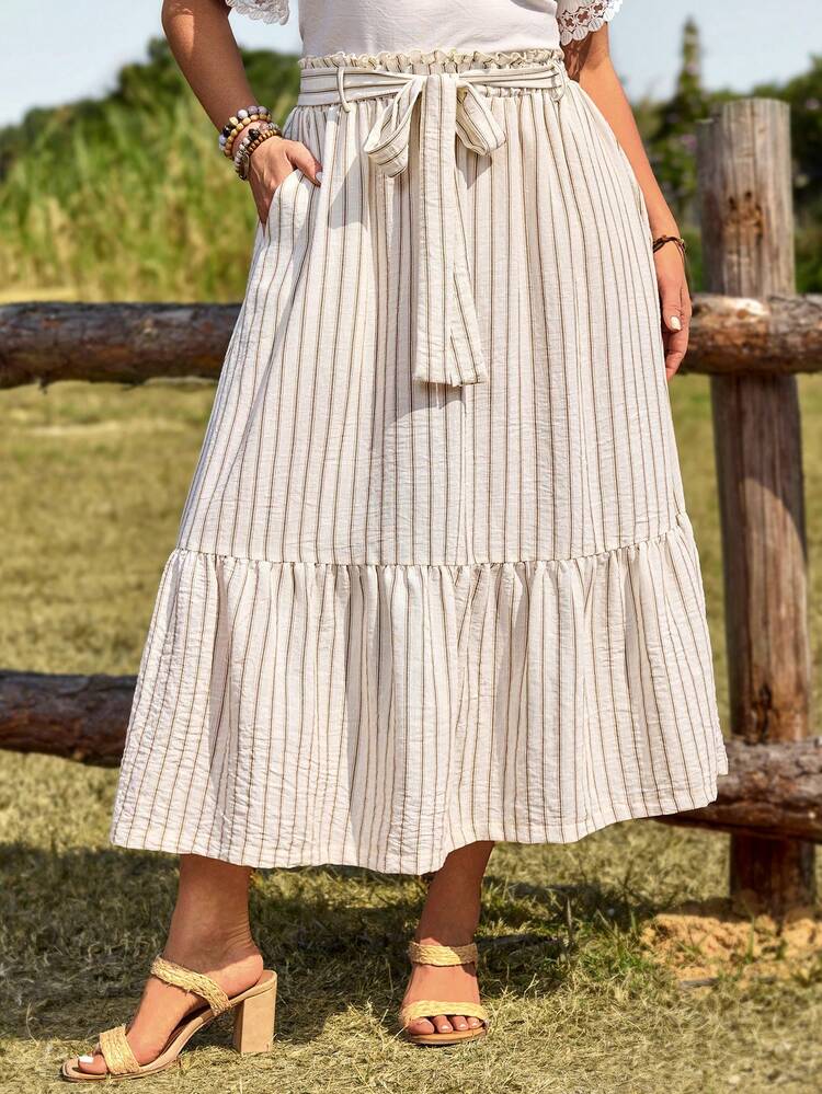 Plus Size Women's Summer Casual Vacation Country  Striped Waist Tie Skirt, Spring/Summer,Summer Holiday,Spring Break Outfits ,Vacation Outfits Women ,Holiday Outfits For Women,Going Out Outfits,2026 New Clothes,Simple And Fashionable For Everyday Wear, Country Skirt, Long Summer Skirt, Long Beach Skirt