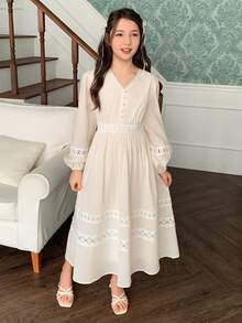 DAZY Tween Girls V-Neck Puff Sleeve Dress, Fall - Beige - View 4