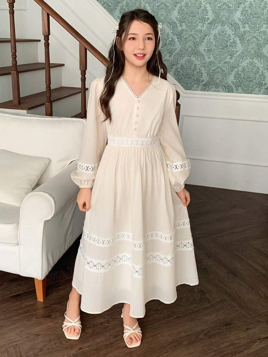 DAZY 少女V领泡泡袖连衣裙，秋季款 - 米色 - 查看 1
