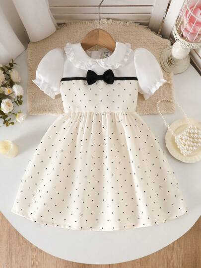 Young Girl Wavy Element Front Bow Tie Dress