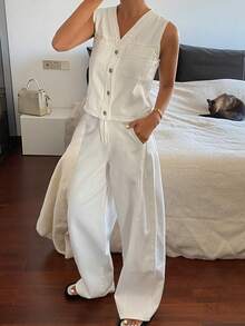 DAZY Women's V-Neck Sleeveless Open Front Fitted Denim Vest And Loose Straight Leg Jeans Casual Suit - White - View 4