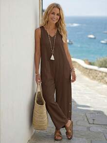 Faunlyn 女士度假纯色V领纽扣设计阔腿宽松休闲连体裤 女士夏季连体裤 棕色连体裤 - 棕色 - 查看 3