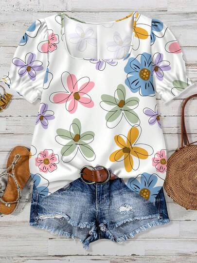 EMERY ROSE Plus Size Women Floral Print Shirt, Casual And Simplistic, Suitable For Spring/Summer Vacation Floral Blouses For Women Chic Blouses For Women,Flower