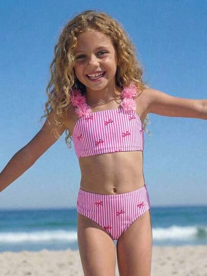 Emery Rose Kids Emery Rose Kids 女孩度假沙滩条纹蝴蝶结印花3D花朵装饰泳装套装