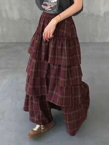 FRIFUL Women's Casual Commuter Plaid Layered Long Skirt - Multicolor - View 3