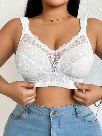 DesireSculpt 1pc Plus Size Lace Patchwork Wireless Bra