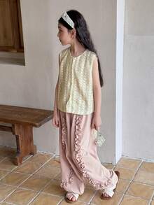 DAZY Tween Girl Round Neck Single-Breasted Vest Shirt And Frill Trim Pants Set Summer Vacation - Pink - View 5