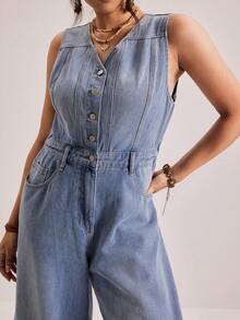 Freevana 大码女式V领纽扣前口袋阔腿休闲无袖牛仔连体裤 - 藍色 - 查看 5