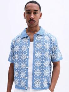 SUMWON Men's Light Blue Boxy Fit Short Sleeve Crochet Resort Shirt With Button Front Snowflake Pattern Summer Vacation Beach Holiday - Blue - View 1