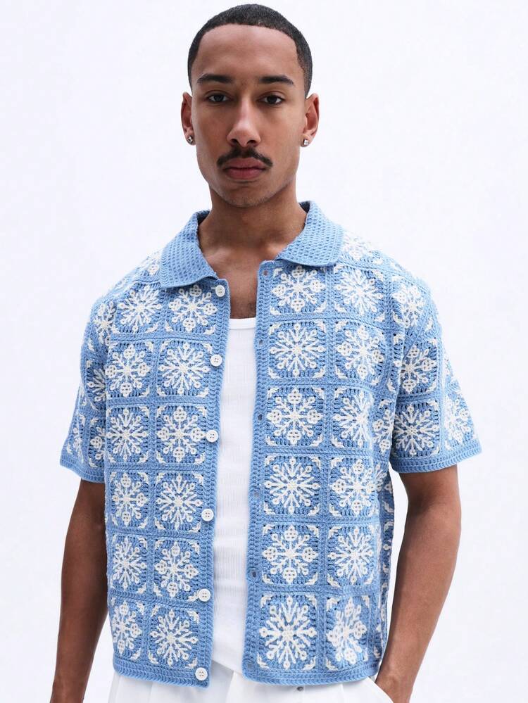 Crochet Boxy Fit Shirt With Snowflake Pattern