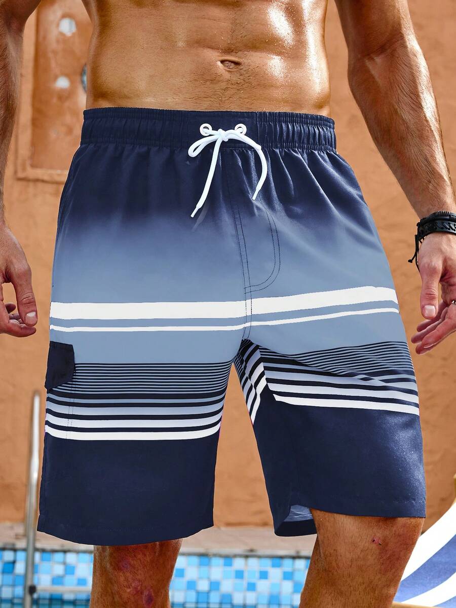 Zalmeno Men's Striped Print Drawstring Waist Beach Shorts - Dusty Blue - View 1
