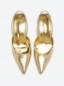 Eladyva Women Solid Color Leather Kitten Heel Shoes, Elegant Pointed Toe High Heels, Fashionable Ankle Strap Pumps, Formal Shoes For Party & Wedding - Gold - View 7