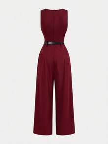 Girlism 少女连体衣和连身裤 海军蓝褶皱阔腿宽松连身裤配腰带，休闲风格 - 酒紅色 - 查看 2