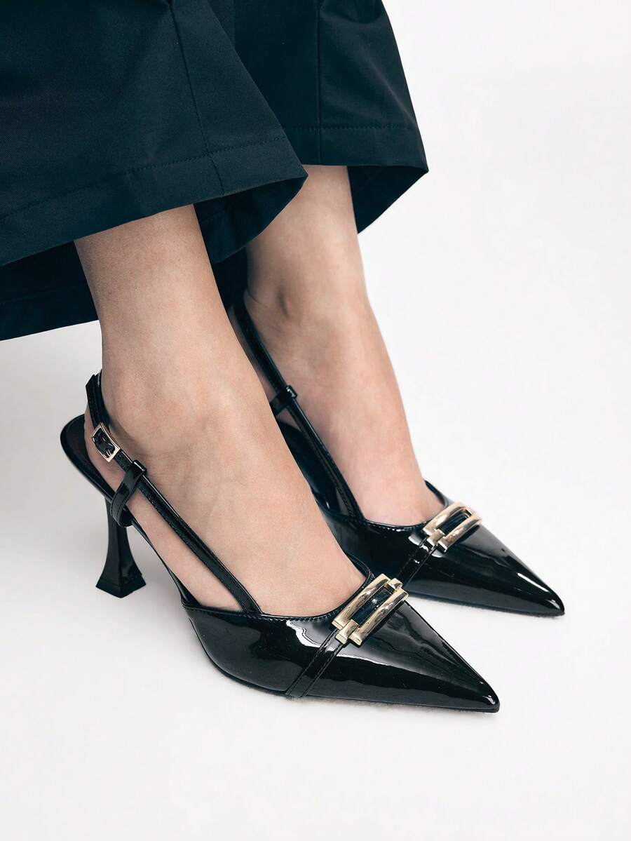 Mnmlis Women's Black Patent Leather Pointed Toe High Heels With Metal Chain Strap, Sexy Fashion For Spring/Summer - Black - View 1