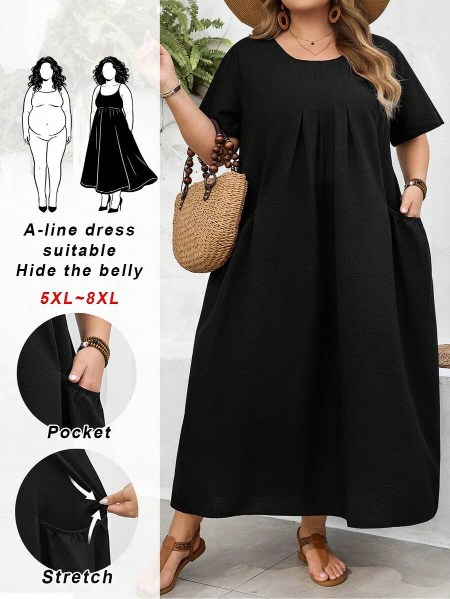 SHEIN CURVE+ Curve 尺码 US22 音乐节、海滨度假、波西米亚风女士纯色长款双口袋休闲沙滩裙