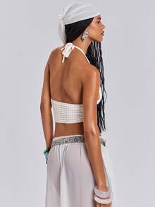 ROMWE Seaside Vacation Starfish & Shell Embroidered Knit Halter Top - Beige - View 3