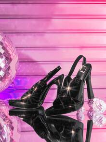 CUCCOO LuxiPop 女士户外尖头高跟防水PU轻薄面料交叉绑带设计，时尚简约舒适，适合日常聚会和宴会等场合，高跟凉鞋 - 漆皮黑 - 查看 3