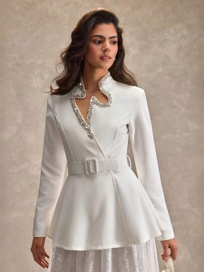 CLARA VERO Women's Waist Belt Embellished Asymmetrical Collar Long Sleeve Blazer