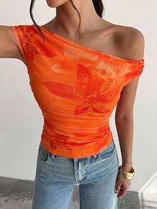 Firerie 女士不对称肩部扎染印花褶皱不对称领口T恤上衣，印花衬衫，不对称肩部上衣，春夏，海滩，通勤，优雅，性感，度假，海滩，波西米亚风，夏威夷，音乐节，浪漫，约会 - 彩色 - 查看 4