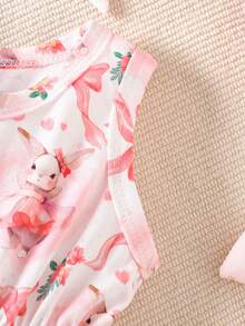 SHEIN Newborn Baby Girl Bunny Ear Bow Bodysuit, Pink Easter Animal Sleeveless Bodysuit, Baby Girl Pink , Newborn Summer, Baby Girl Bodysuit - Pink - View 9
