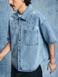 ROMWE MEN Grunge Punk 男士翻领单排扣铆钉休闲百搭日常短袖牛仔衬衫 - 棕色 - 查看 8