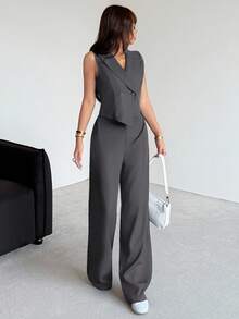 SHEIN Teen Girl Casual Minimalist Comfortable V-Neck Sleeveless Top And Pants Set - Dark Grey - View 3