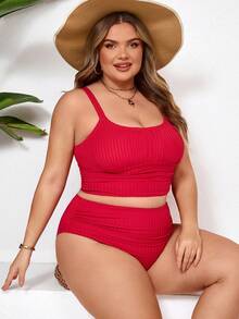 SHEIN CURVE+ 大码女式夏季度假沙滩纯色褶皱吊带背心套装 - 紅色 - 查看 4