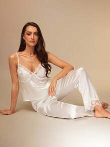 Silquee 蕾丝边细肩带短裤和长裤 3 件套睡衣套装睡衣套装白色套装 - 白色 - 查看 6