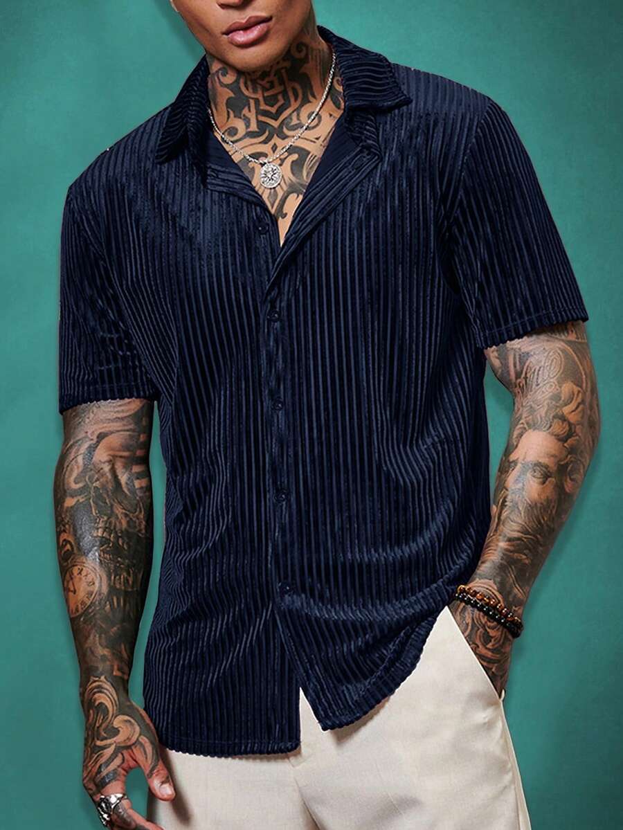 EASEVO Plus Size Men's Casual Daily Summer Commute Front Button Short Sleeve Shirt - Navy Blue - View 1