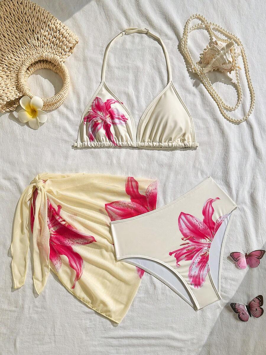 SHEIN 少女三件套比基尼,黄色碎花吊带上衣,三角泳裤和纱笼,时尚休闲优雅泳装,适合游泳、度假、夏季穿着。夏季泳装套装,可爱夏季套装,女孩沙滩套装,沙滩女孩服装,女孩夏季服装,夏季服装,带罩衫的泳装,女孩夏季泳装,春夏精选,夏季女孩服装。 - 彩色 - 查看 1