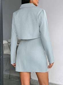 EURMUSE Lapel Neck Crop Jacket & Skirt ,Petite Women - Mint Green - View 2