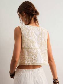 Freevana Women's Embroidered Mesh V-Neck Single-Breasted Casual Versatile Daily Wear Knit Vest Top - Maroon - View 2