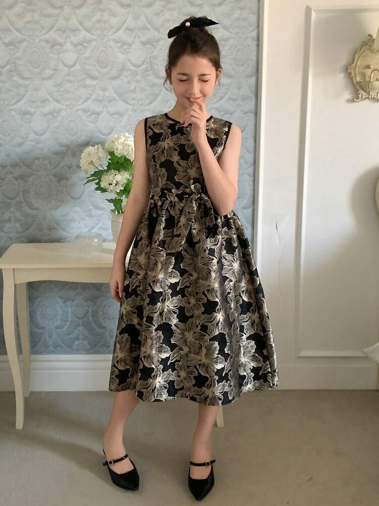 Tween Girl Round Neck Jacquard Pleated Party Dress