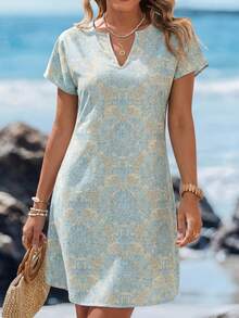 Sylviya 夏季全息印花v領蝙蝠袖長袍連身裙 - 淺藍色 - 查看 4