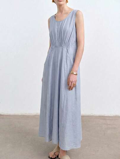 Aalyst 女士优雅时尚轻盈奢华休闲波西米亚风度假/工作通勤复古风纯色亚麻质感面料圆领前褶皱口袋无袖宽松长连衣裙，春夏款