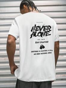 Modcrash 男士励志“永不孤单”拳击图案 T 恤 - 柔软透气面料，常规版型休闲 T 恤，带有励志口号和 2019 年休闲图案设计 - 白色 - 查看 1